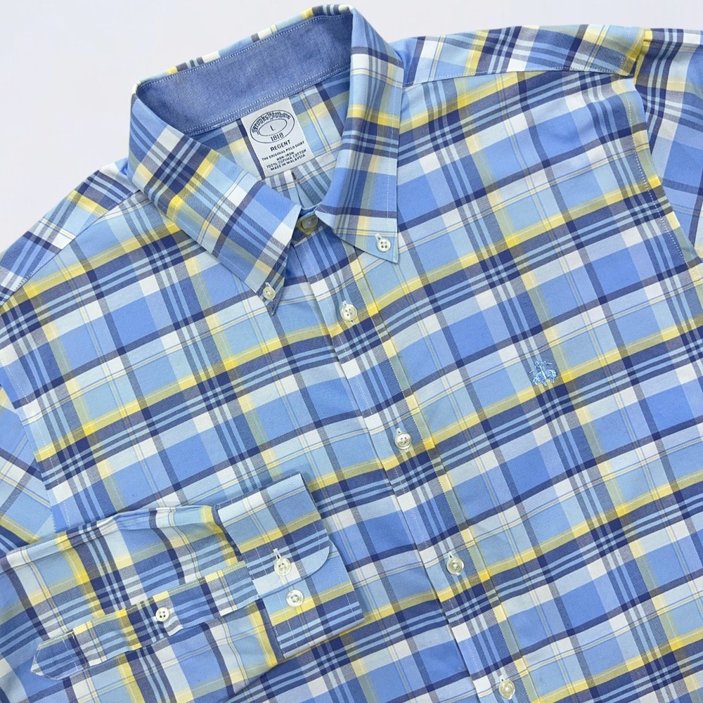Brooks Brothers Button Down Shirt Men's Large Blue Plaid Oxford Long Sleeve
